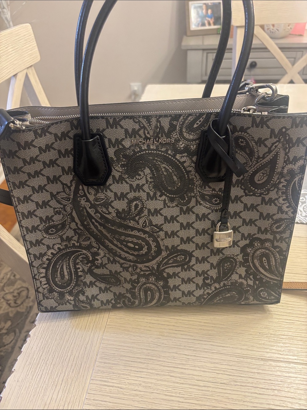 Michael Kors Paisley MK Logo Tote in Black and Gray